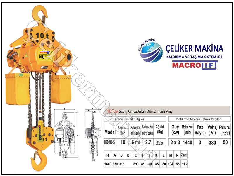 10 Ton Sabit Askılı Zincirli Vinç Teknik Özellikleri