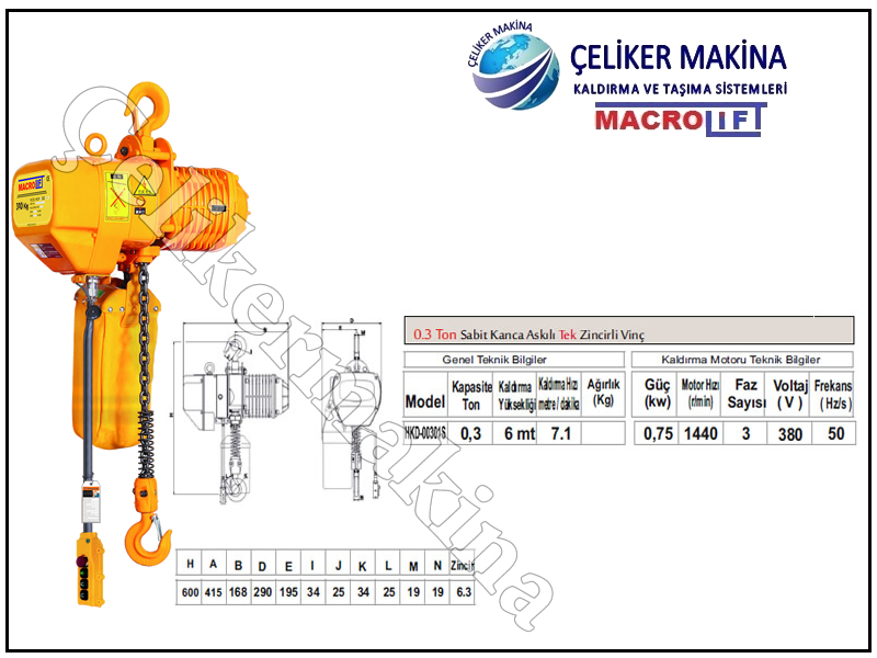300 kg Sabit Askılı Zincirli Vinç Teknik Özellikleri