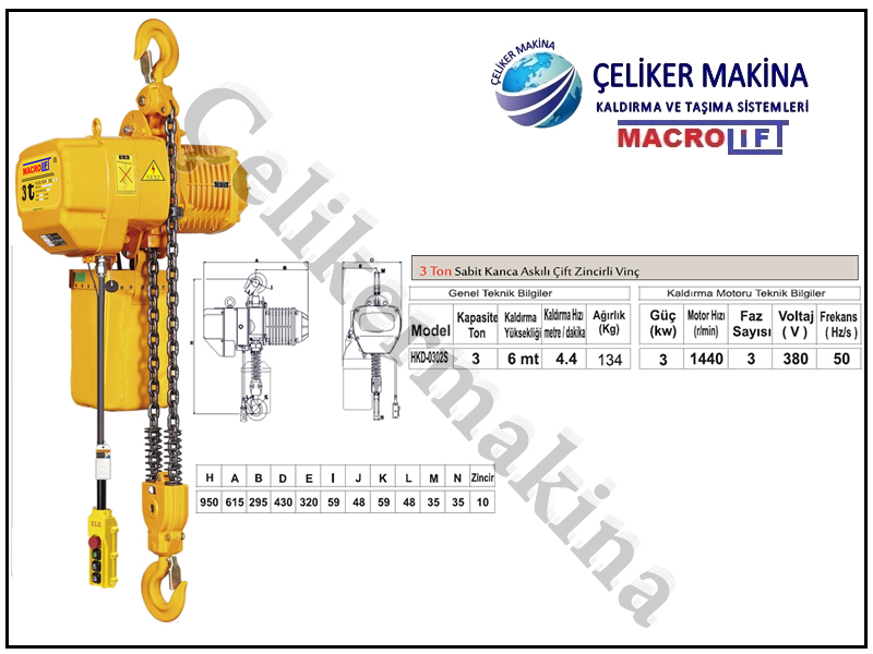 3 Ton Çift Zincirli Vinç Teknik Özellikleri