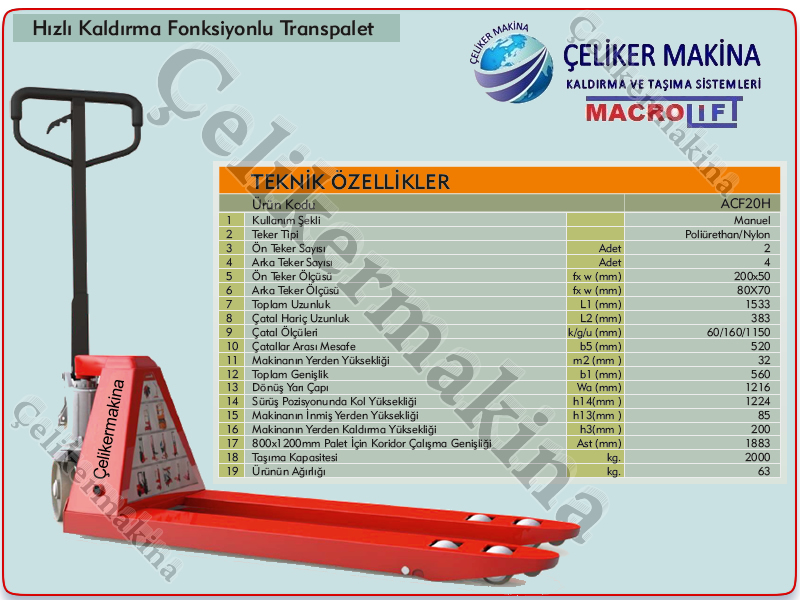 2 Ton Hızlı Kaldıran Transpalet Teknik Özellikleri