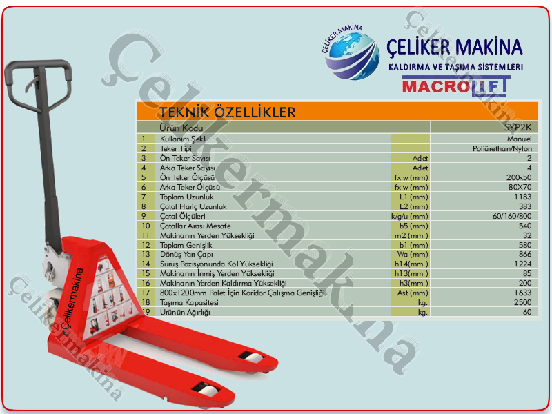 2,5 Ton Kısa Manuel Transpalet Teknik Özellikleri