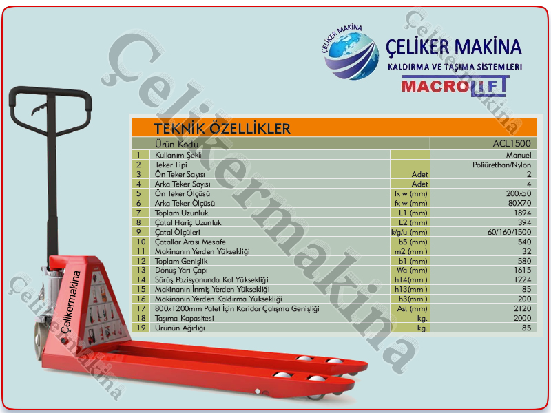 2 Ton Uzun Manuel Transpalet Teknik Özellikleri