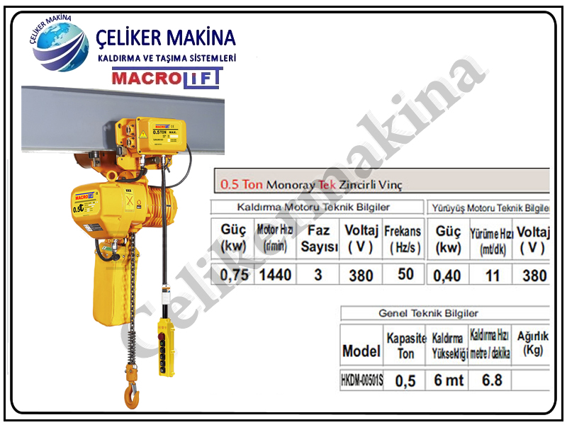 500 kg Monoray Zincirli Vinç Teknik Özellikleri