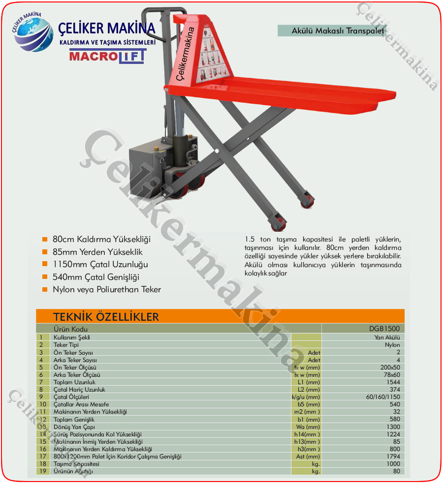 1 Ton Akülü Makaslı Transpalet Teknik Özellikleri