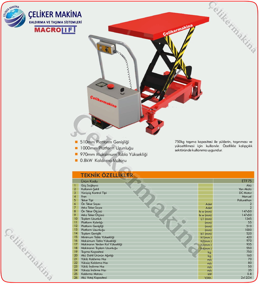 750 kg Akülü Makaslı Platform Teknik Özellikleri