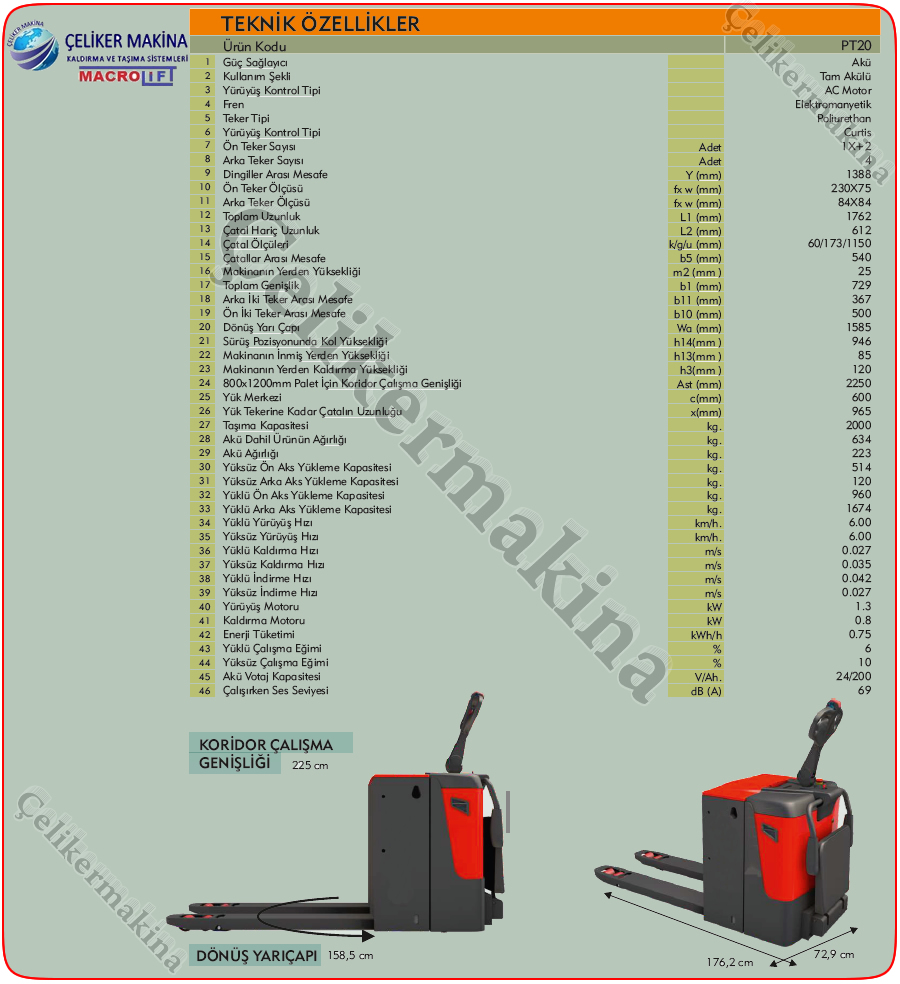 2 Ton Tam Elektrikli Transpalet Teknik Özellikleri