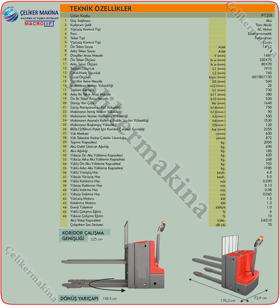 2 Ton Full Elektrikli Transpalet Teknik Özellikleri