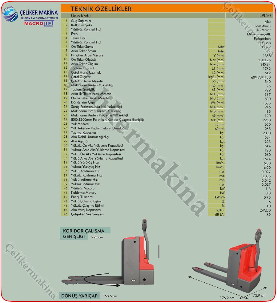 2 Ton Akülü Transpalet Teknik Özellikleri