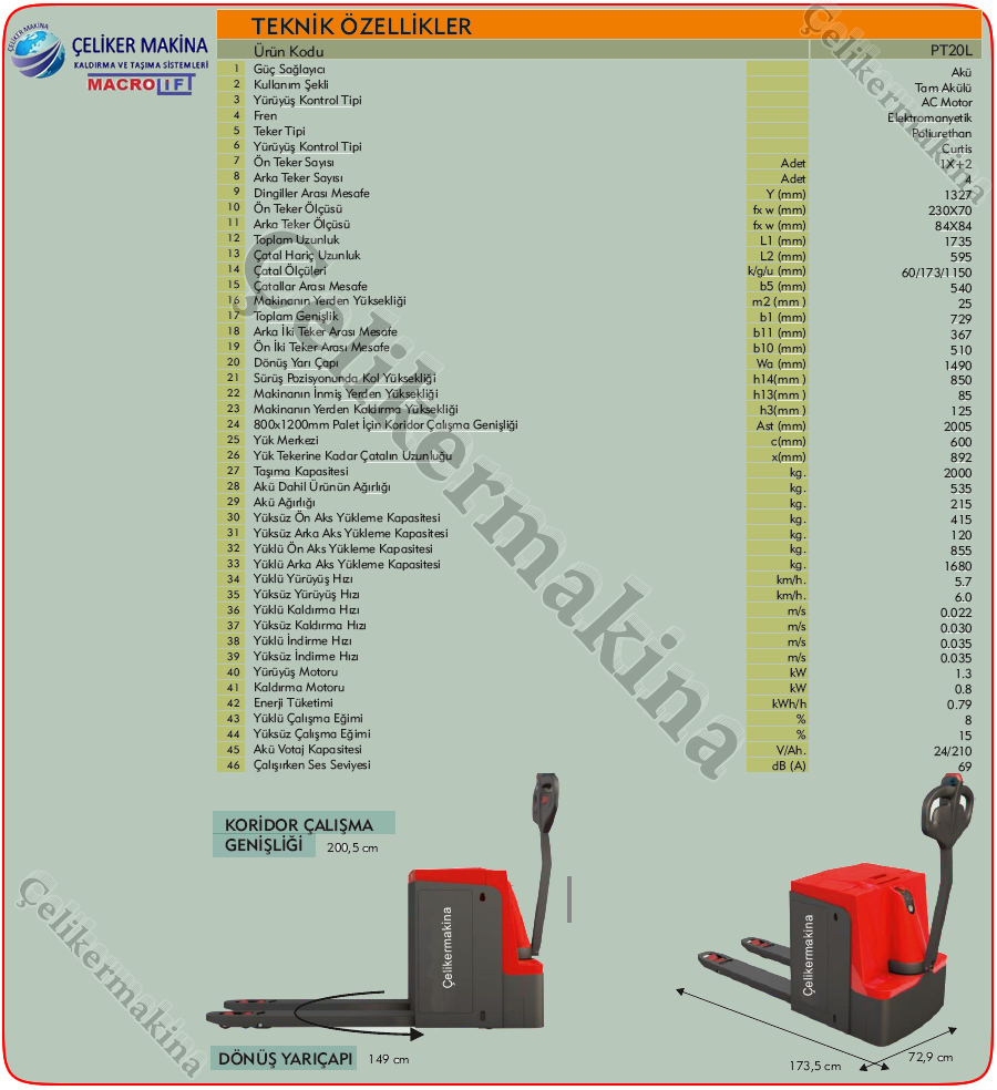 2 Ton Full Akülü Transpalet Teknik Özellikleri
