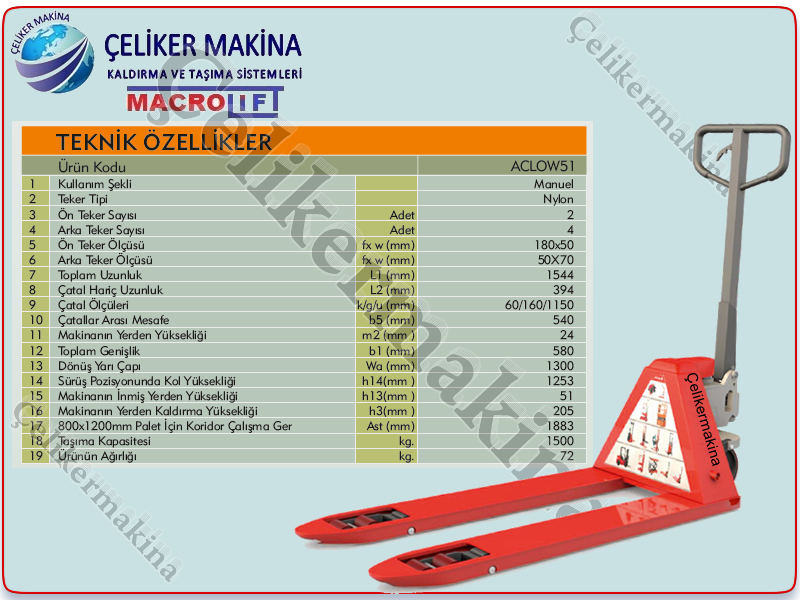 1,5 Ton Alçak Transpalet Teknik Özellikleri