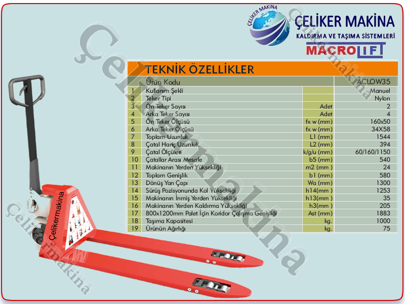 1,5 Ton Alçak Transpalet Teknik Özellikleri