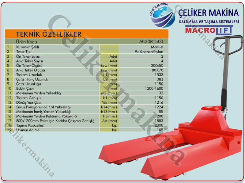 1,5 Ton Bobin Taşıma Transpaleti Teknik Özellikleri