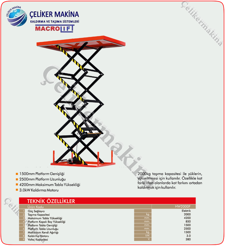 2 Ton Çift Makaslı Platform Teknik Özellikleri