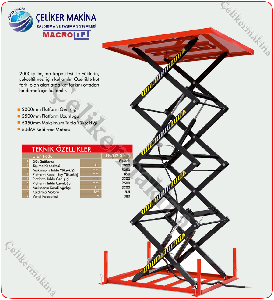 2 Ton Çift Makaslı Platform Teknik Özellikleri