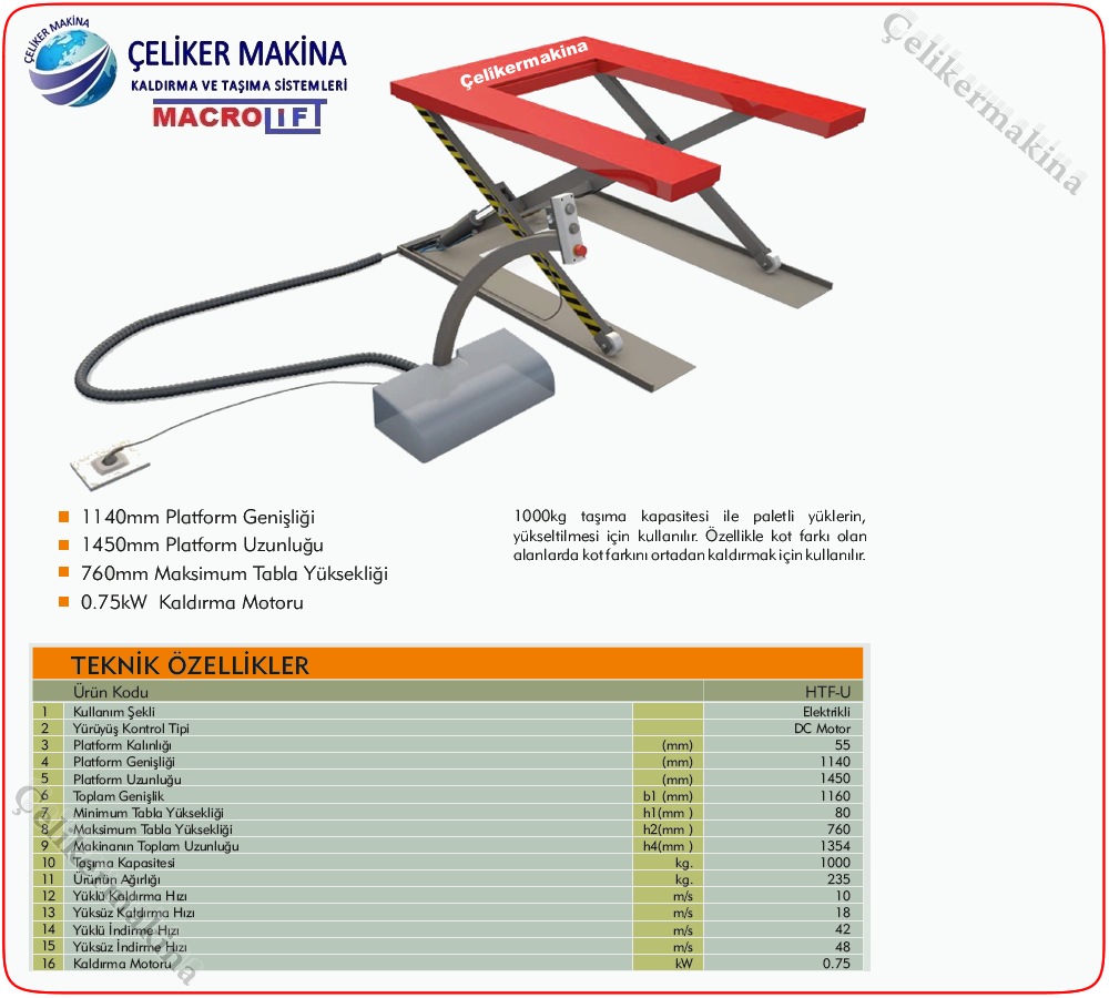 1 Ton Elektrikli Platform T Tipi Teknik Özellikleri