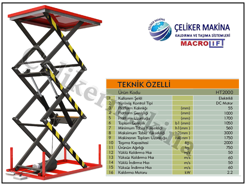 2 Ton 3 mt Elektrikli Platform Teknik Özellikleri