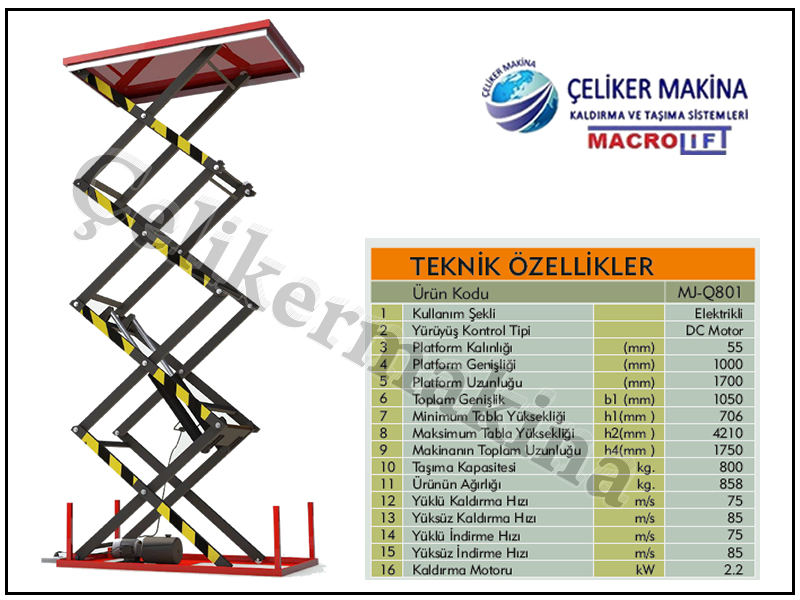 800 kg Elektrikli Makaslı Platform Teknik Özellikleri