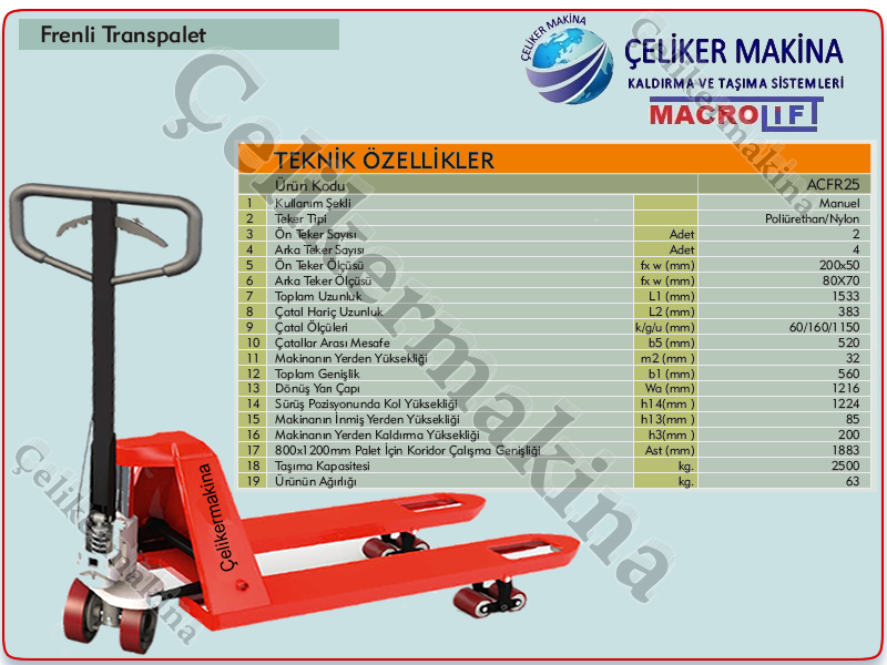 2,5 Ton Frenli Transpalet Teknik Özellikleri