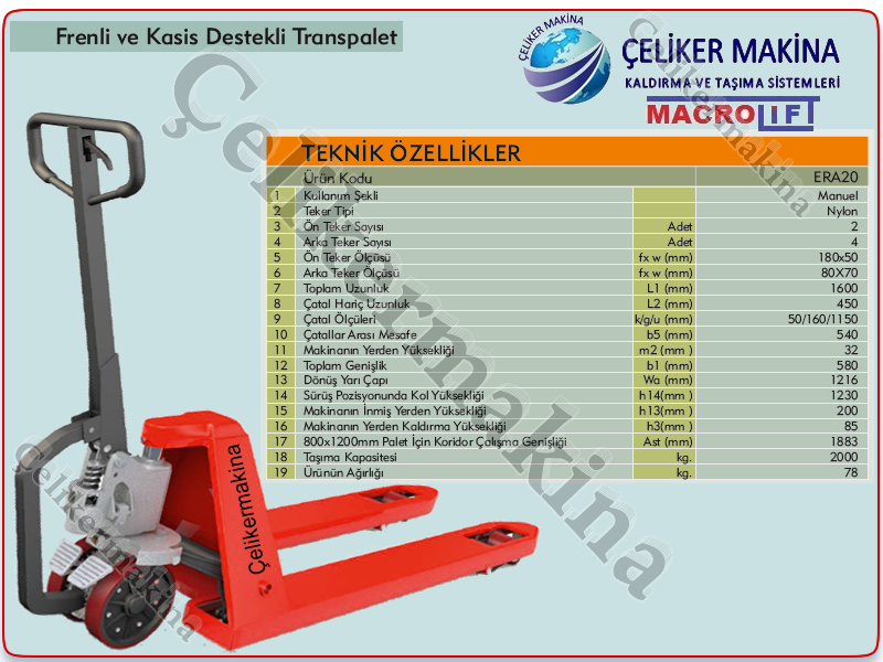 2 Ton Frenli Manuel Transpalet Teknik Özellikleri