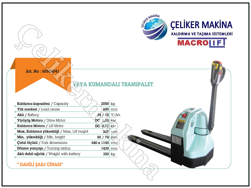 2 Ton Elektrikli Transpalet Teknik Özellikleri