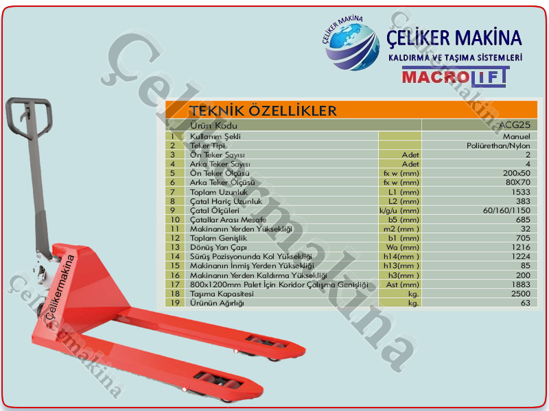 2,5 Ton Geniş Manuel Transpalet Teknik Özellikleri
