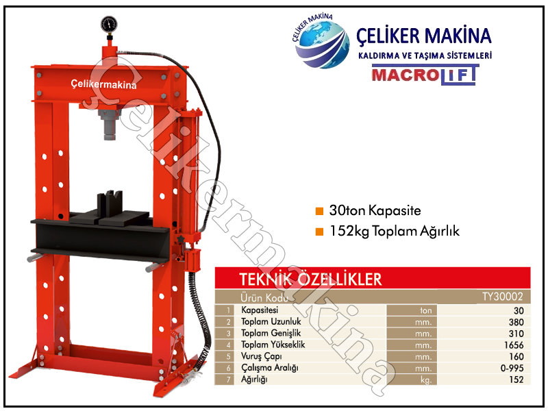 30 Ton Hidrolik Pres Teknik Özellikleri