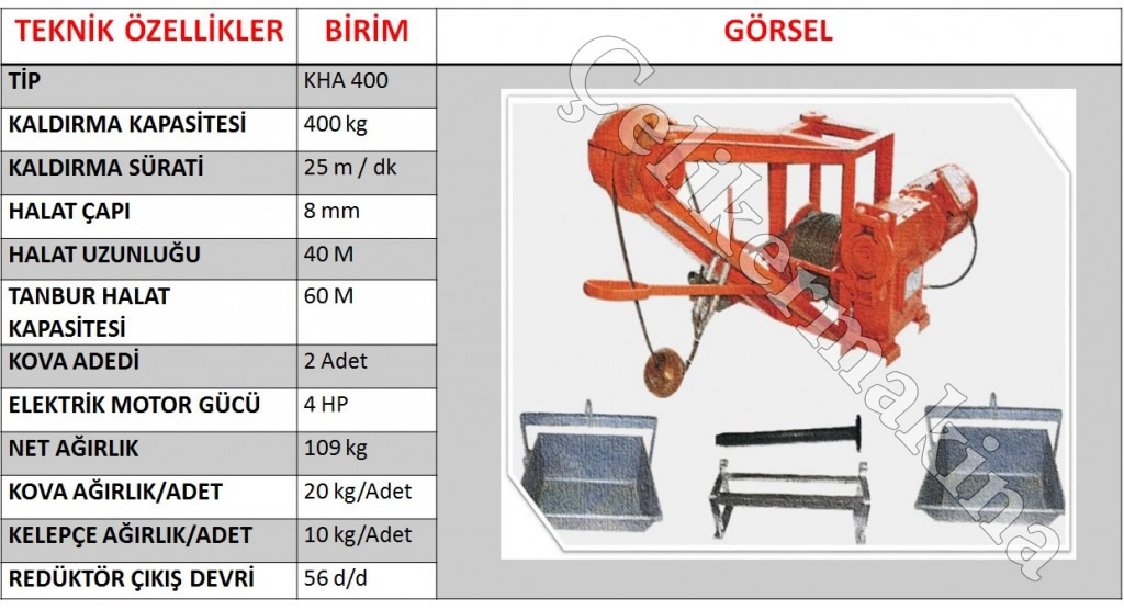 400 kg İnşaat Vinçi Teknik Özellikleri