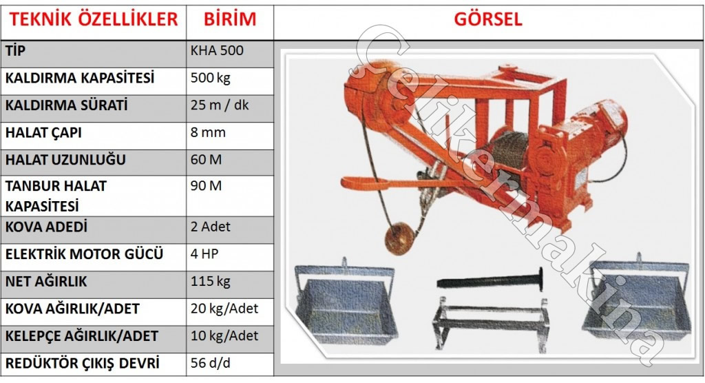 500 kg İnşaat Vinçi Teknik Özellikleri