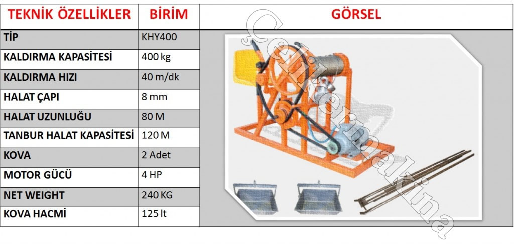400 kg İnşaat Yer Vinçi Teknik Özellikleri
