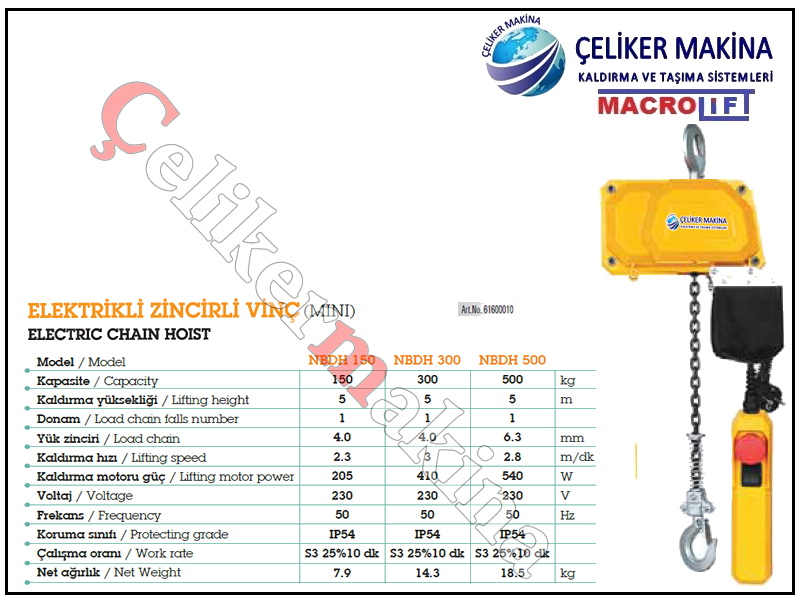 300 kg Sabit Askılı Zincirli Vinç Teknik Özellikleri
