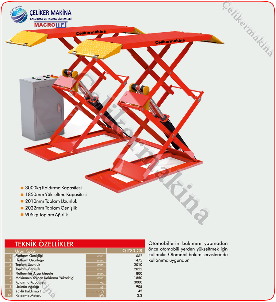3 Ton Otomobil Yükseltici Platform Teknik Özellikleri
