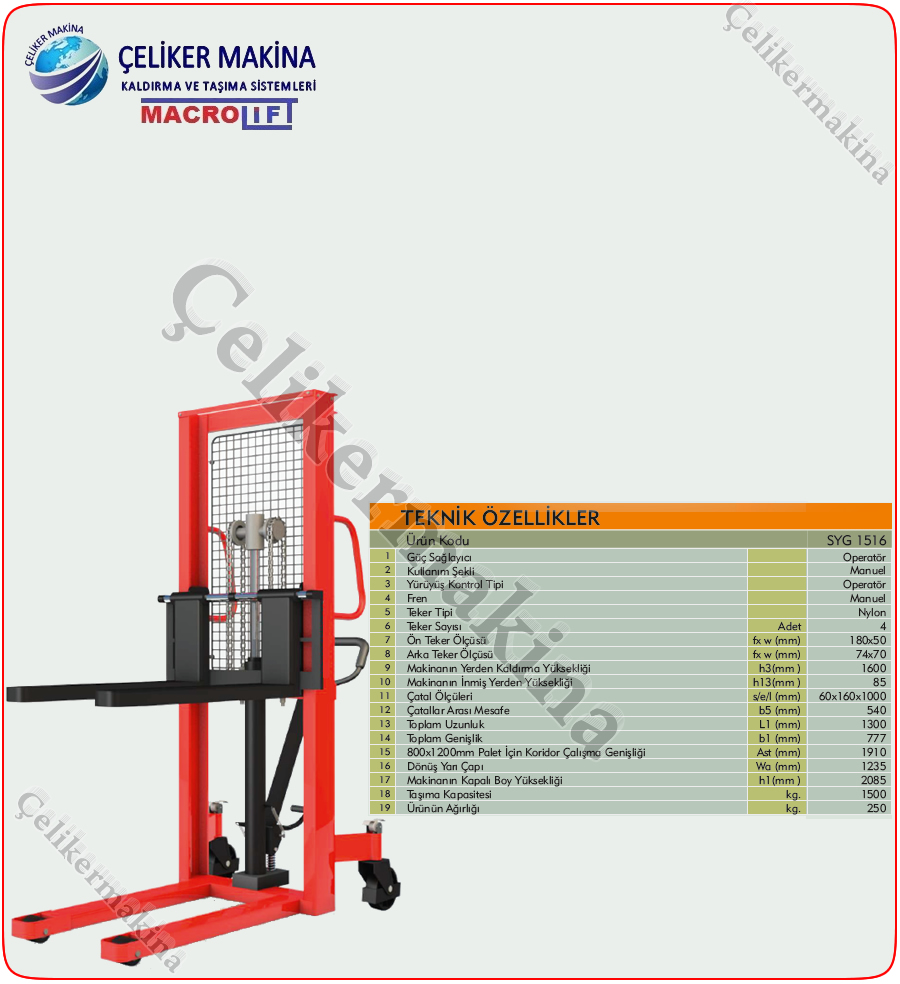 1,5 Ton Manuel İstifleme Makinesi Teknik Özellikleri
