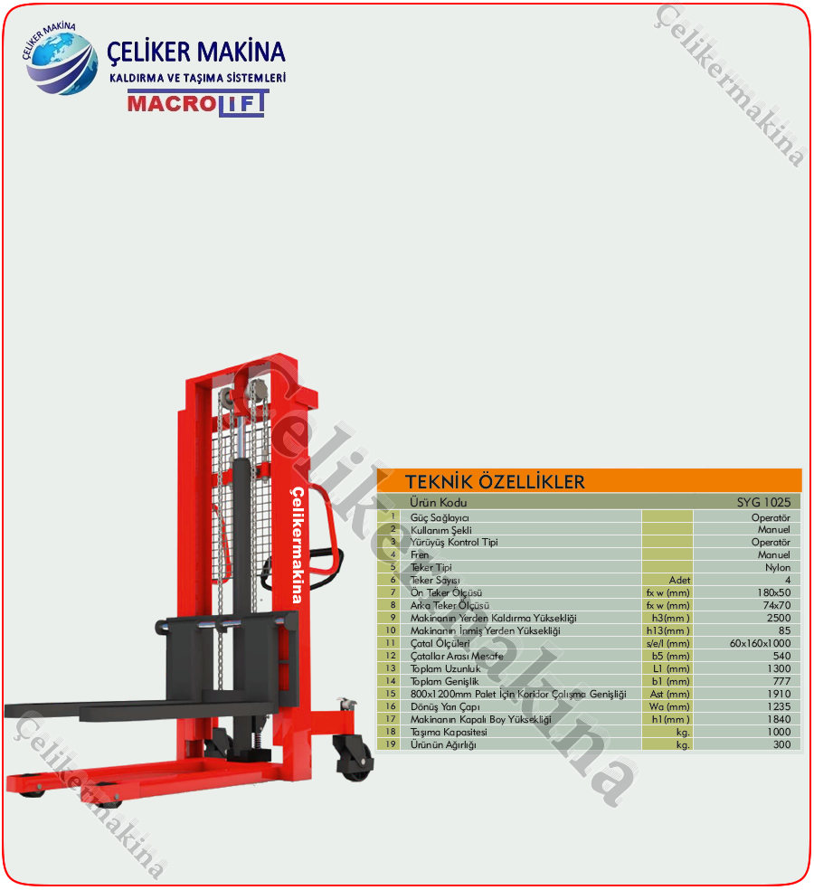 Manuel İstifleme Makinası Teknik Özellikleri