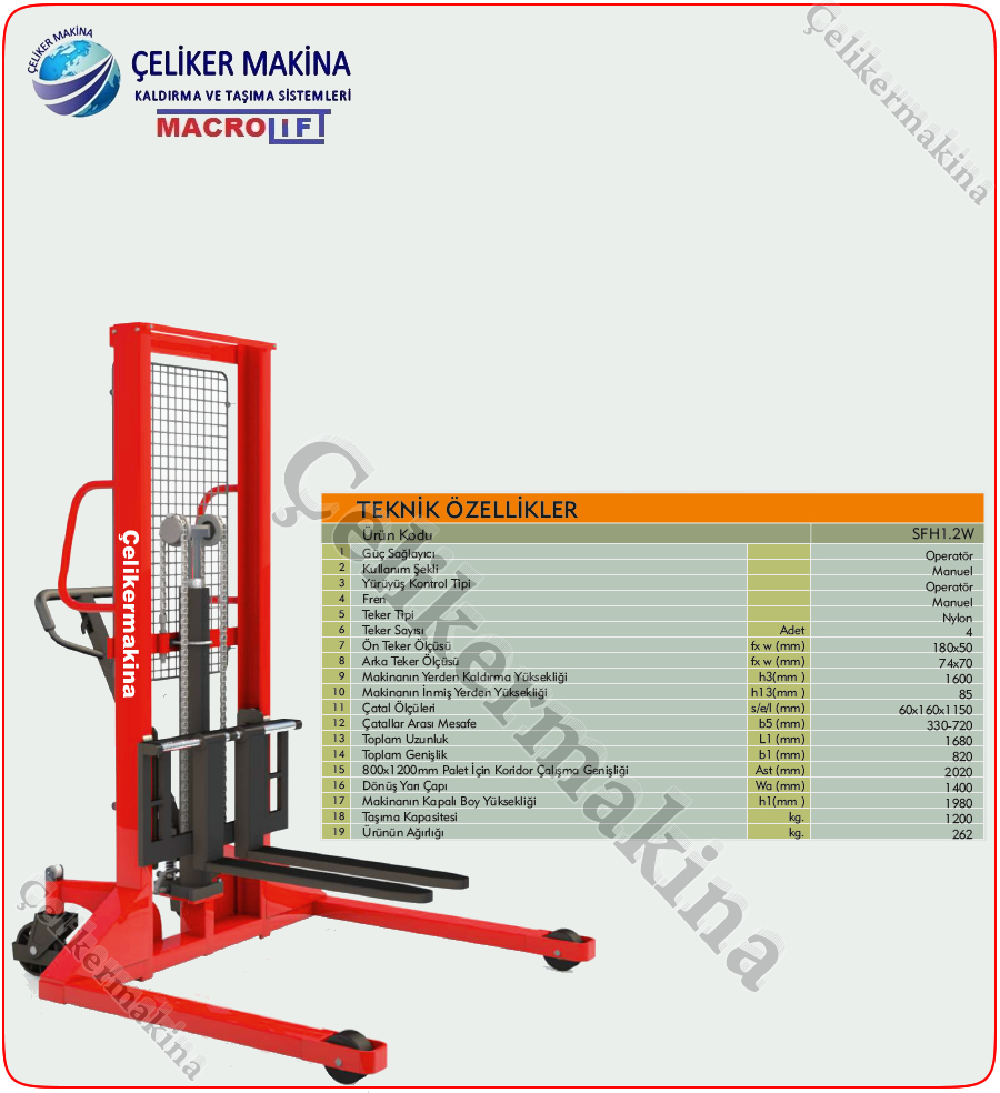 Geniş Ayaklı Manuel İstif Makinesi Teknik Özellikleri