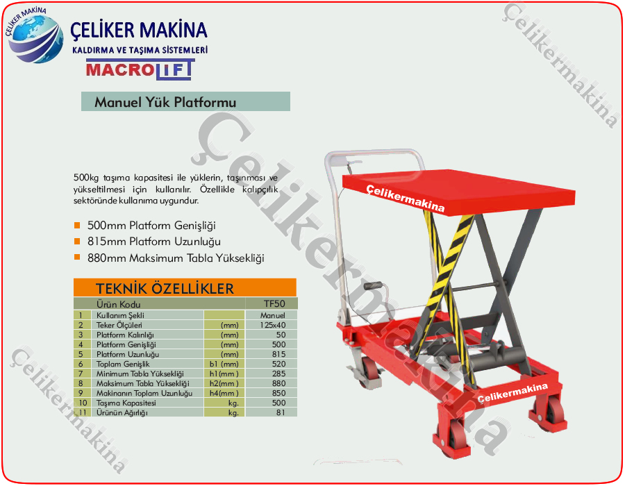 500 kg Manuel Platform Teknik Özellikleri