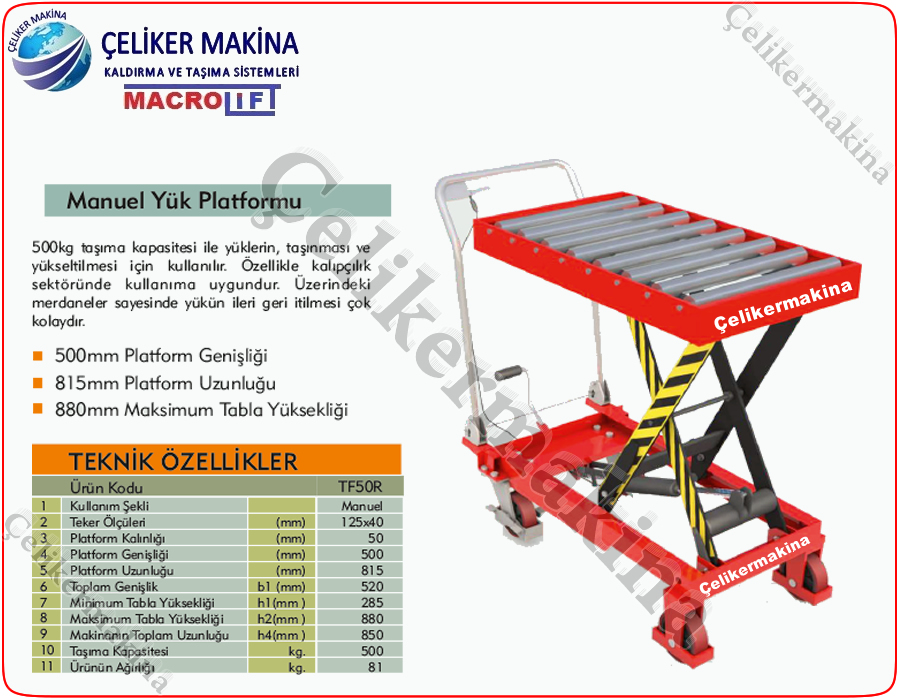 500 kg Rulolu Makaslı Platform Teknik Özellikleri