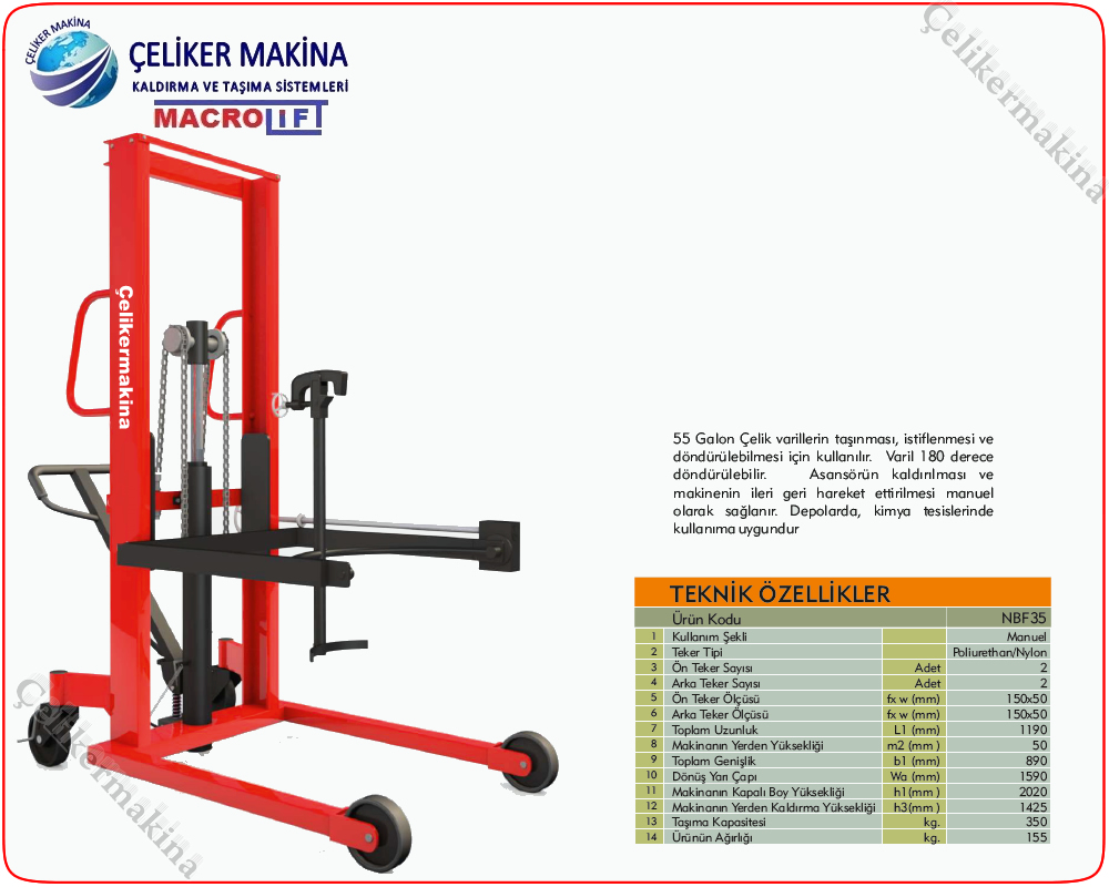 350 kg Manuel Varil Taşıma Arabası Teknik Özellikleri