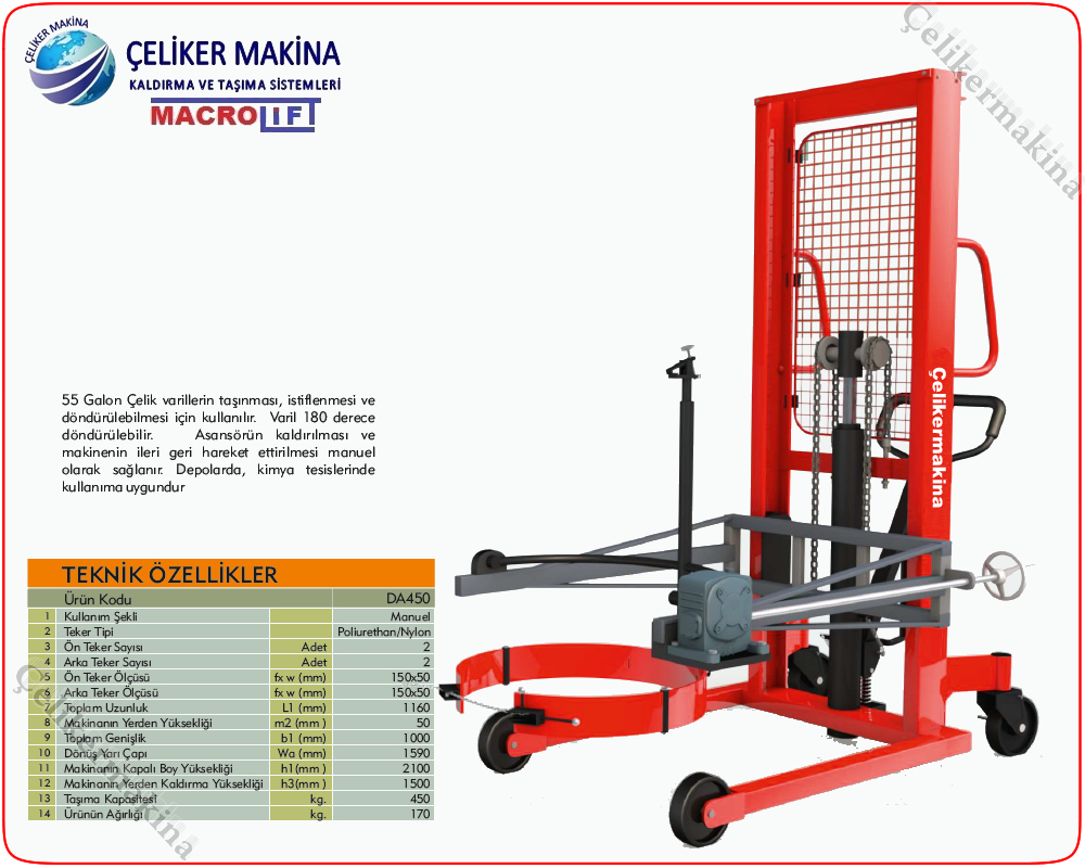 450 kg Manuel Varil Taşıma Arabası Teknik Özellikleri