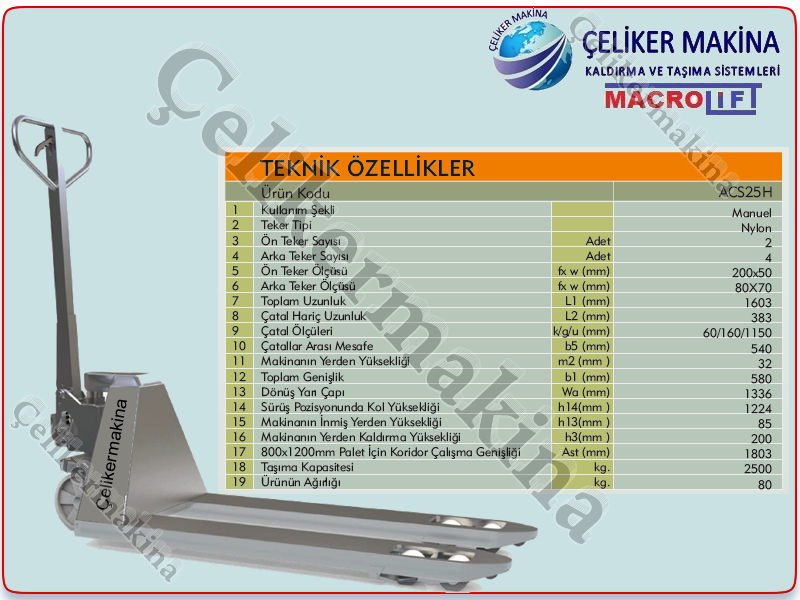 2,5 Ton Paslanmaz Transpalet Teknik Özellikleri