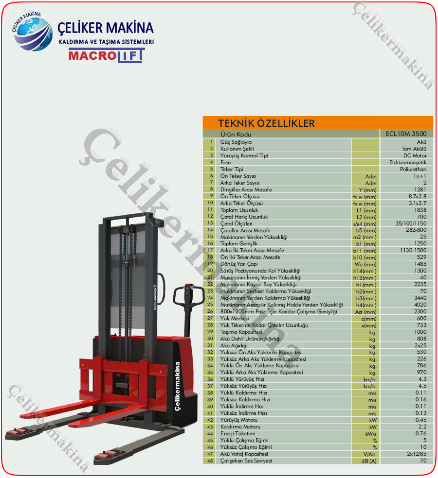 1 Ton Geniş Ayaklı Akülü İstif Makinesi Teknik Özellikleri