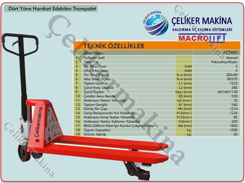Transpalet ACTWO 1500 Teknik Özellikleri