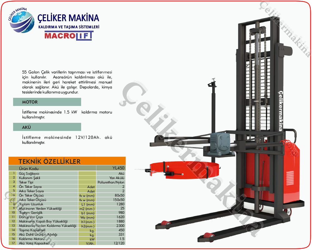450 kg Yarı Akülü Varil Taşıma Arabası Teknik Özellikleri